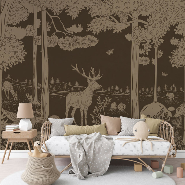 Tapet monocrom cu design vintage de pădure