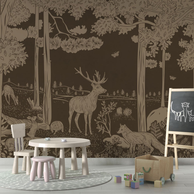 Tapet monocrom cu design vintage de pădure