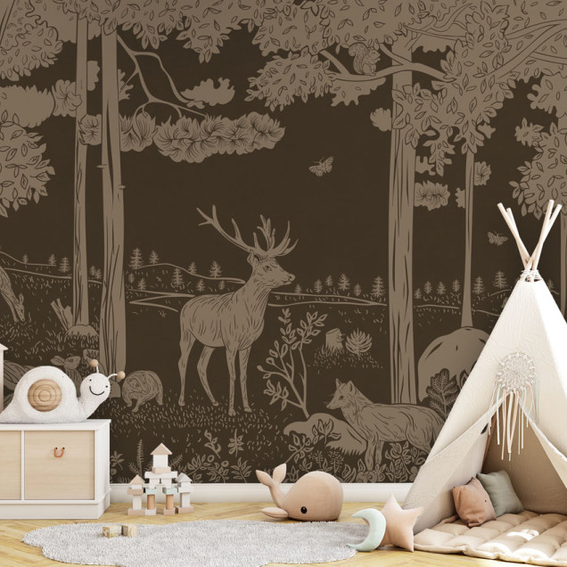 Tapet monocrom cu design vintage de pădure