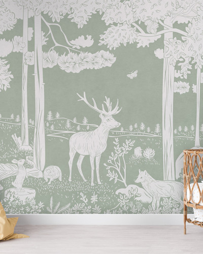 Tapet cu design monocrom al unei păduri, în nuanțe de verde, cu copaci, animale și detalii florale.