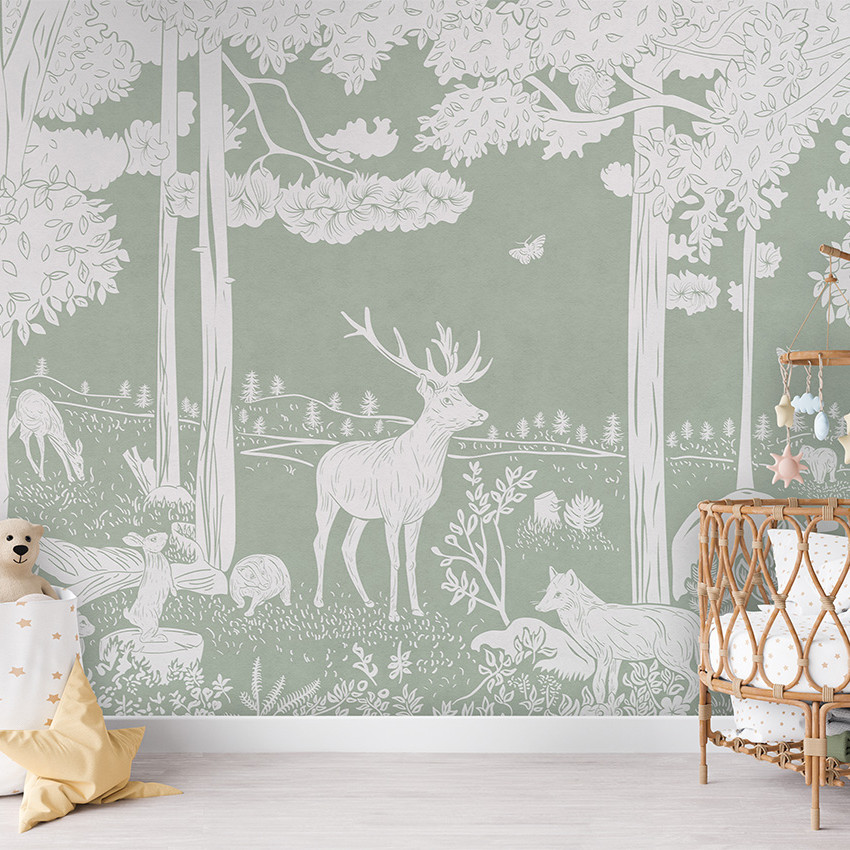 Tapet cu design monocrom al unei păduri, în nuanțe de verde, cu copaci, animale și detalii florale.
