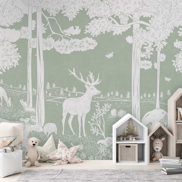 Tapet cu design monocrom al unei păduri, în nuanțe de verde, cu copaci, animale și detalii florale.