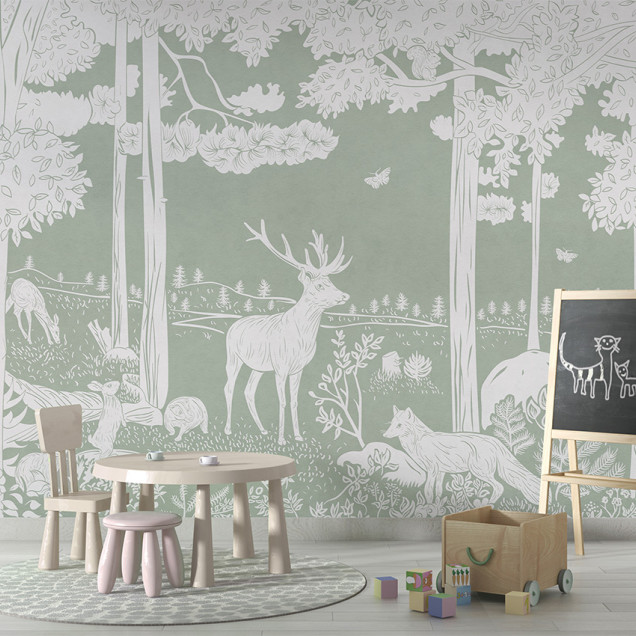 Tapet cu design monocrom al unei păduri, în nuanțe de verde, cu copaci, animale și detalii florale.