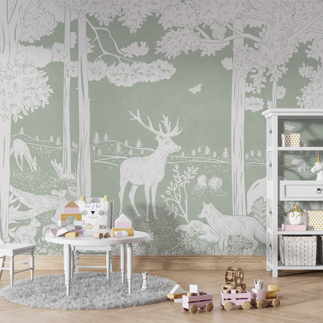 Tapet cu design monocrom al unei păduri, în nuanțe de verde, cu copaci, animale și detalii florale.