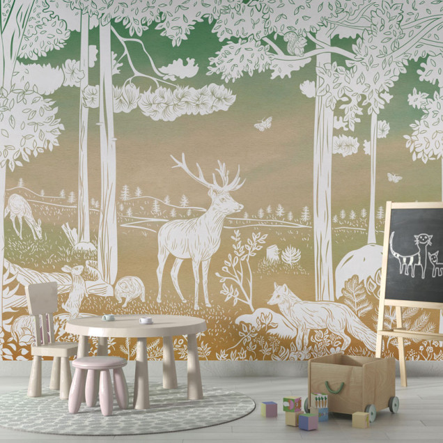 Tapet cu design minimalist, o pădure monocromă cu verde și maro