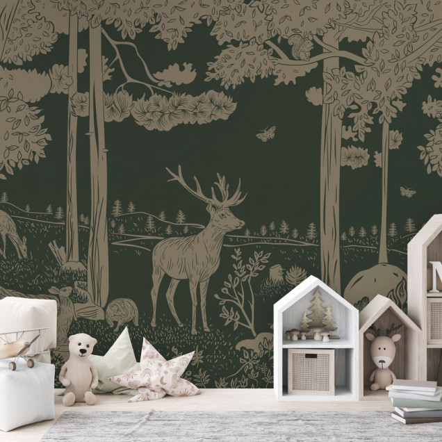 Wallpaper cu imagine a unei păduri monocrome, cu detalii de animale și copaci.  Paleta de culori este verde vintage.