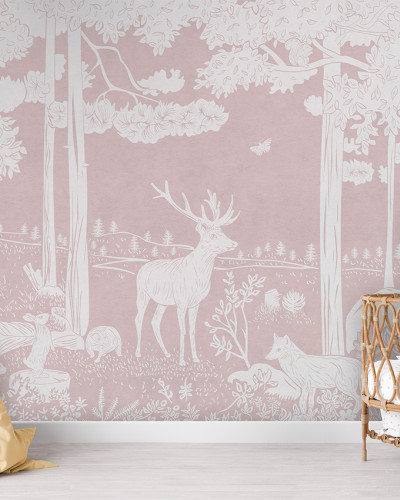 Tapet personalizat Monochrome Forest - Pink cu un design minimalist și elegant cu copaci, animale și flori albe pe un fundal roz pudrat.