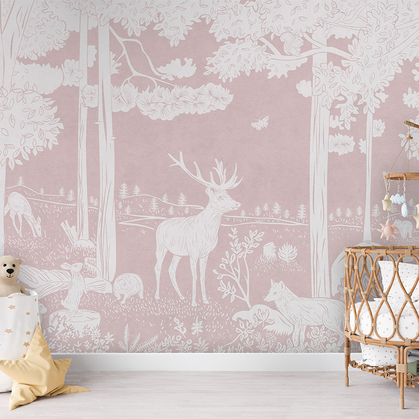 Tapet personalizat Monochrome Forest - Pink cu un design minimalist și elegant cu copaci, animale și flori albe pe un fundal roz pudrat.
