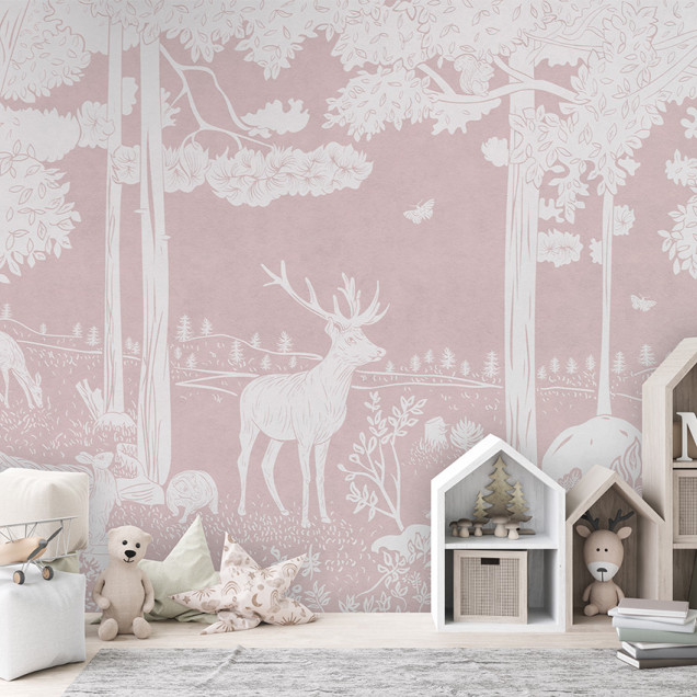 Tapet personalizat Monochrome Forest - Pink cu un design minimalist și elegant cu copaci, animale și flori albe pe un fundal roz pudrat.
