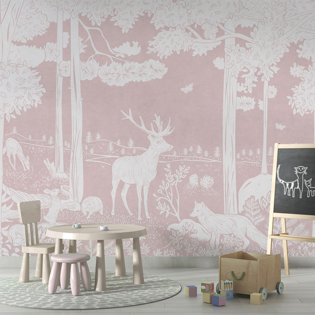 Tapet personalizat Monochrome Forest - Pink cu un design minimalist și elegant cu copaci, animale și flori albe pe un fundal roz pudrat.
