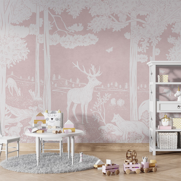 Tapet personalizat Monochrome Forest - Pink cu un design minimalist și elegant cu copaci, animale și flori albe pe un fundal roz pudrat.