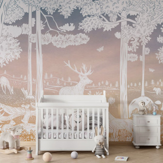 Tapet personalizat Monochrome Forest - Pink Sky cu un design unic si elegant, cu un cer roz delicat si siluete albe ale copacilor si animalelor din padure.
