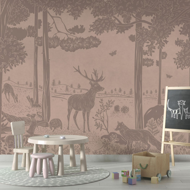 Tapet personalizat cu un design elegant, inspirat de natură. Imprimeul subtil în tonuri pastelate de roz prezintă o pădure liniștită, cu siluete delicate de animale.