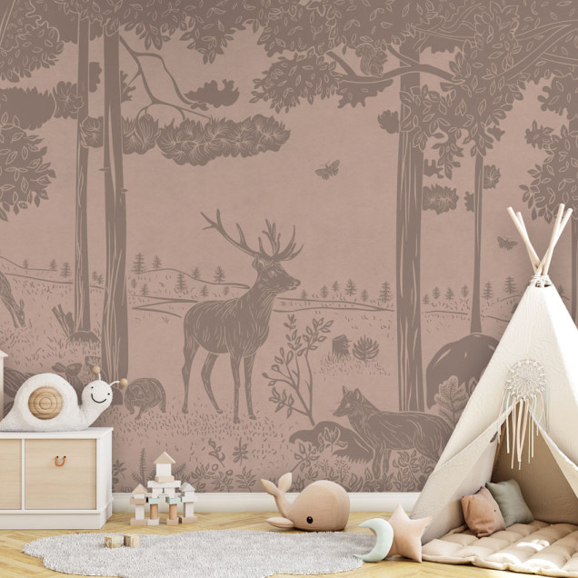 Tapet personalizat cu un design elegant, inspirat de natură. Imprimeul subtil în tonuri pastelate de roz prezintă o pădure liniștită, cu siluete delicate de animale.