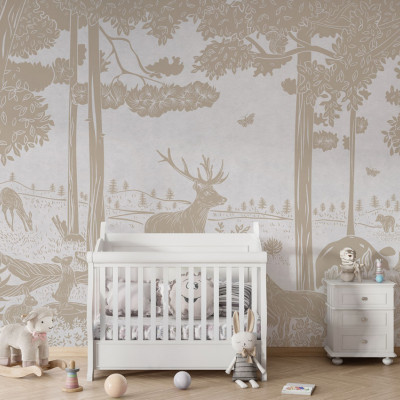Tapet de perete cu o pădure monocromă, cu nuanțe vintage de alb, ideal pentru dormitoare, sufragerii sau camere pentru copii. Design artistic cu detalii rafinate ale copacilor, animalelor și florilor.