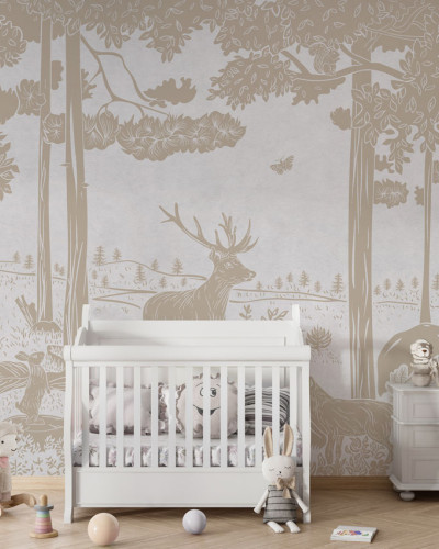 Tapet de perete cu o pădure monocromă, cu nuanțe vintage de alb, ideal pentru dormitoare, sufragerii sau camere pentru copii. Design artistic cu detalii rafinate ale copacilor, animalelor și florilor.