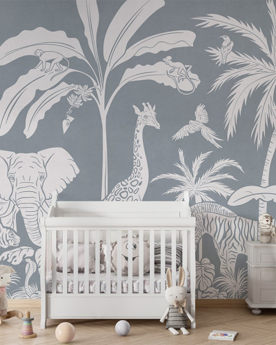 Tapet Monochrome Jungle - Blue cu animale și plante din silueta albă pe un fundal bleu