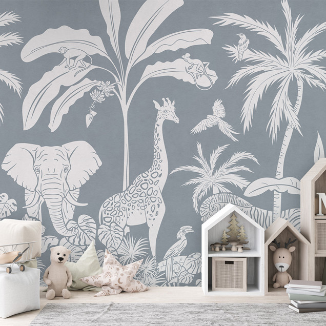 Tapet Monochrome Jungle - Blue cu animale și plante din silueta albă pe un fundal bleu