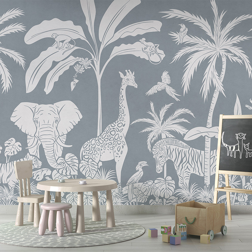 Tapet personalizat Monochrome Jungle - Blue Vintage cu design exotic, ilustrat cu animale sălbatice din junglă pe un fond albastru vintage