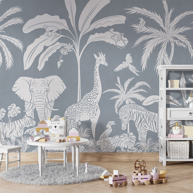 Tapet Monochrome Jungle - Blue cu animale și plante din silueta albă pe un fundal bleu