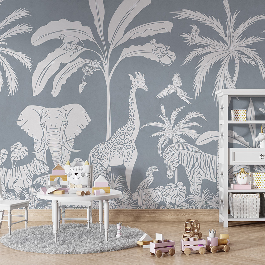 Tapet personalizat Monochrome Jungle - Blue Vintage cu design exotic, ilustrat cu animale sălbatice din junglă pe un fond albastru vintage