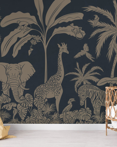 Tapet personalizat Monochrome Jungle - Blue Vintage cu design exotic, ilustrat cu animale sălbatice din junglă pe un fond albastru vintage