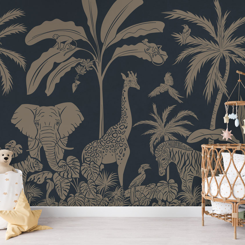 Tapet personalizat Monochrome Jungle - Blue Vintage cu design exotic, ilustrat cu animale sălbatice din junglă pe un fond albastru vintage