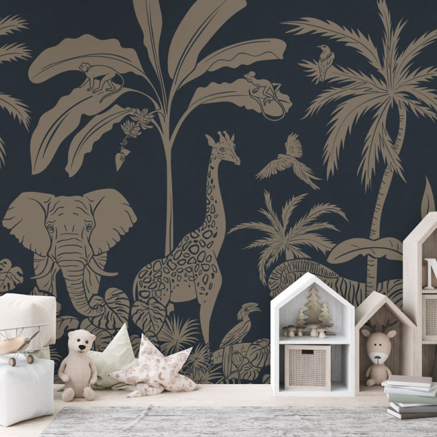 Tapet personalizat Monochrome Jungle - Blue Vintage cu design exotic, ilustrat cu animale sălbatice din junglă pe un fond albastru vintage