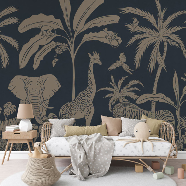 Tapet personalizat Monochrome Jungle - Blue Vintage cu design exotic, ilustrat cu animale sălbatice din junglă pe un fond albastru vintage