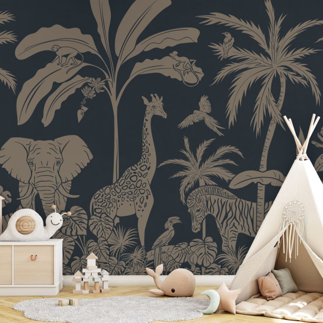 Tapet personalizat Monochrome Jungle - Blue Vintage cu design exotic, ilustrat cu animale sălbatice din junglă pe un fond albastru vintage