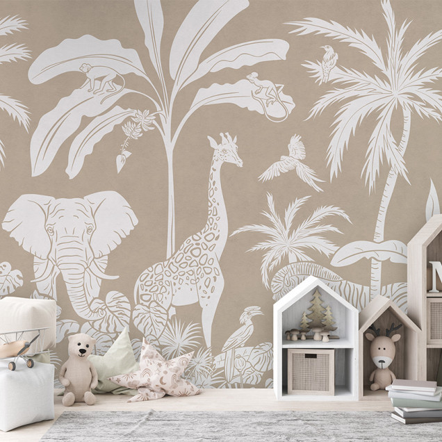 Tapet monocrom cu design de junglă, cu girafe, elefanți, zebre și păsări exotice, în nuanțe de alb pe un fundal maro