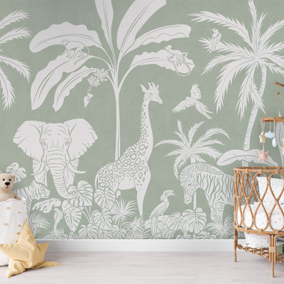 Tapet Monochrome Jungle - Green cu imagini de animale sălbatice, perfect pentru camera copilului