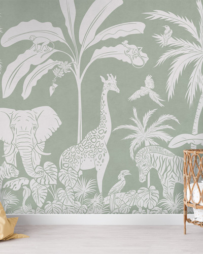 Tapet Monochrome Jungle - Green cu imagini de animale sălbatice, perfect pentru camera copilului