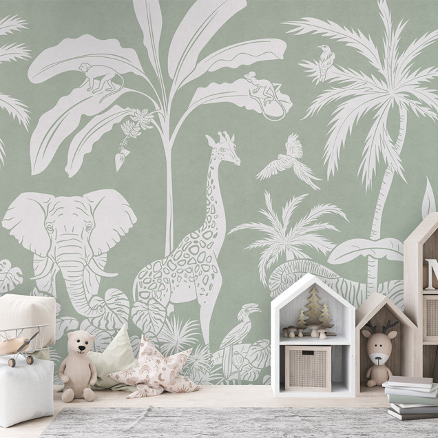 Tapet Monochrome Jungle - Green cu imagini de animale sălbatice, perfect pentru camera copilului