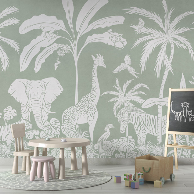 Tapet Monochrome Jungle - Green cu imagini de animale sălbatice, perfect pentru camera copilului