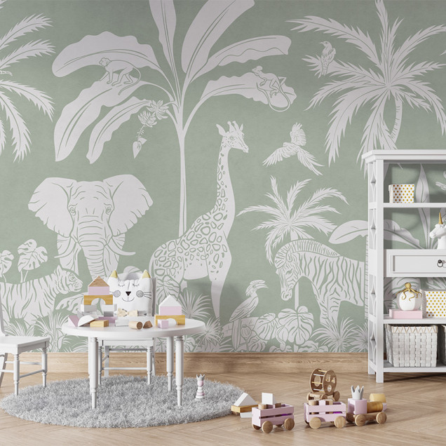 Tapet Monochrome Jungle - Green cu imagini de animale sălbatice, perfect pentru camera copilului