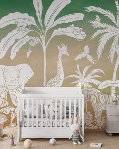 Un personalizat cu design jungle, cu palmieri, girafe, elefanți, maimuțe și zebre albe pe un fundal verde-auriu.