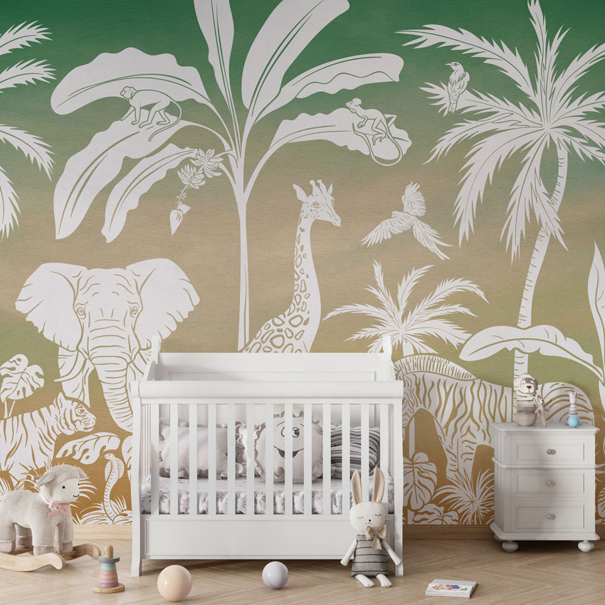 Un personalizat cu design jungle, cu palmieri, girafe, elefanți, maimuțe și zebre albe pe un fundal verde-auriu.