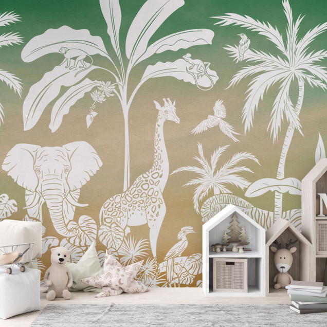 Un personalizat cu design jungle, cu palmieri, girafe, elefanți, maimuțe și zebre albe pe un fundal verde-auriu.