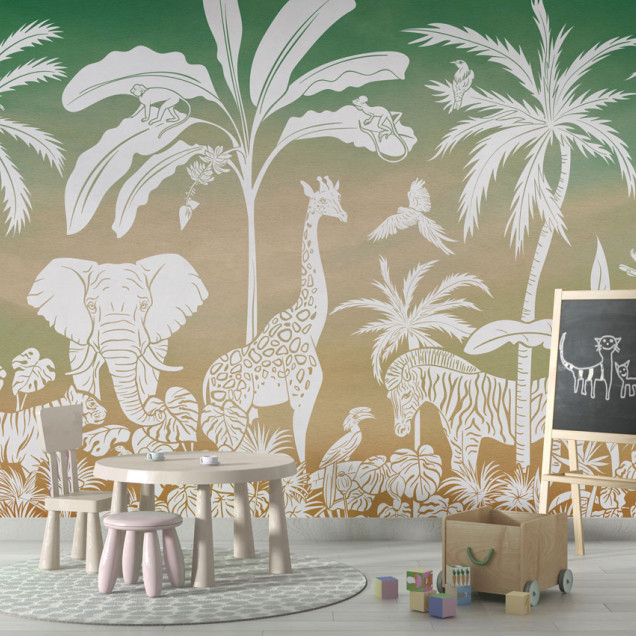 Un personalizat cu design jungle, cu palmieri, girafe, elefanți, maimuțe și zebre albe pe un fundal verde-auriu.