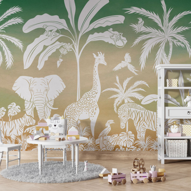 Un personalizat cu design jungle, cu palmieri, girafe, elefanți, maimuțe și zebre albe pe un fundal verde-auriu.