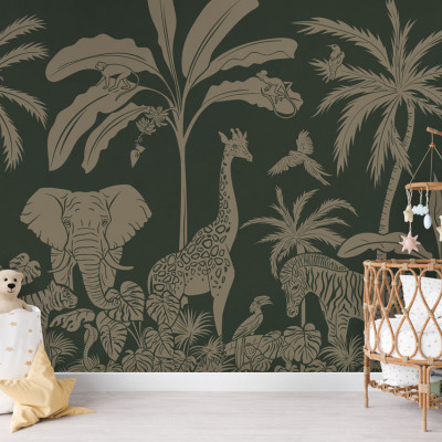 Wallpaper monocrom cu design de junglă, cu animale sălbatice și plante tropicale în nuanțe de verde vintage