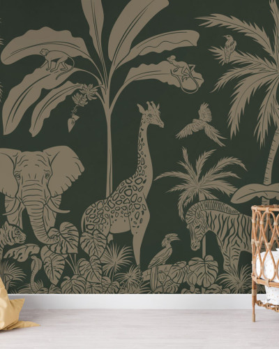 Wallpaper monocrom cu design de junglă, cu animale sălbatice și plante tropicale în nuanțe de verde vintage