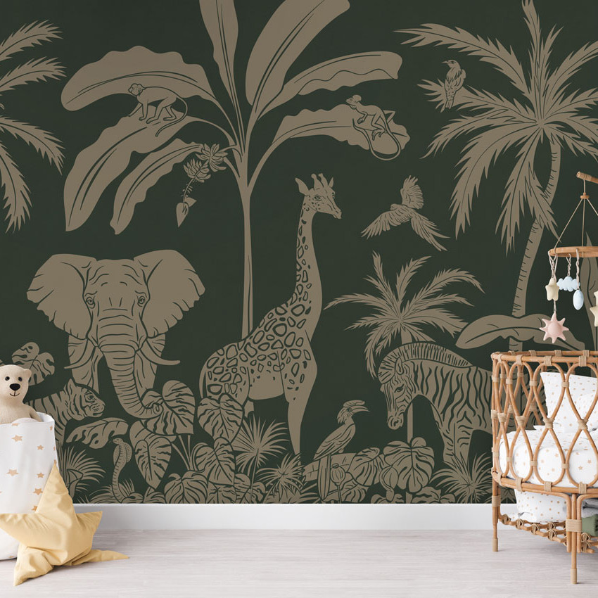 Wallpaper monocrom cu design de junglă, cu animale sălbatice și plante tropicale în nuanțe de verde vintage