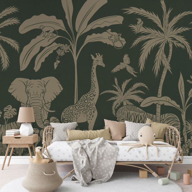 Wallpaper monocrom cu design de junglă, cu animale sălbatice și plante tropicale în nuanțe de verde vintage