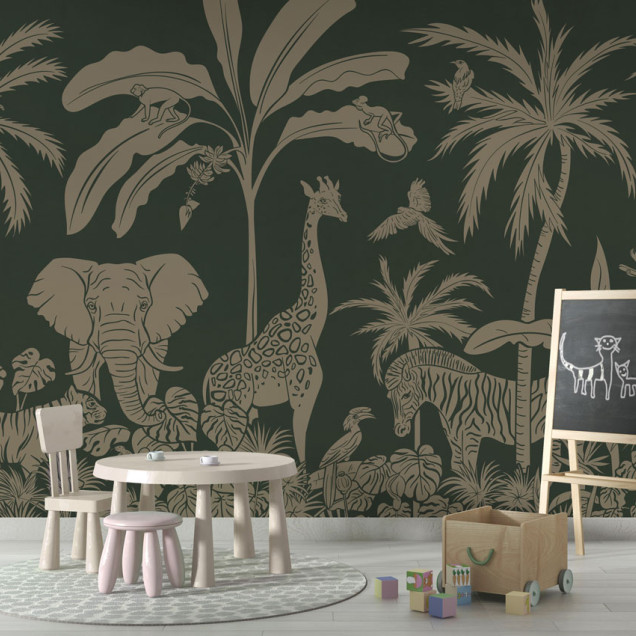 Wallpaper monocrom cu design de junglă, cu animale sălbatice și plante tropicale în nuanțe de verde vintage