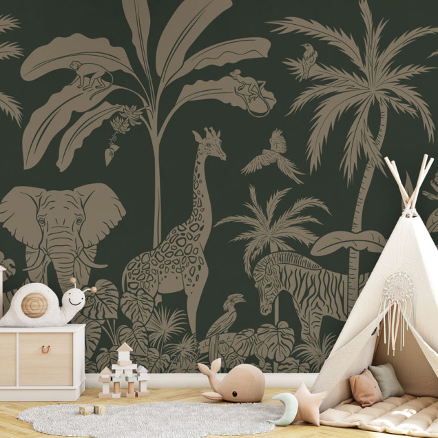 Wallpaper monocrom cu design de junglă, cu animale sălbatice și plante tropicale în nuanțe de verde vintage