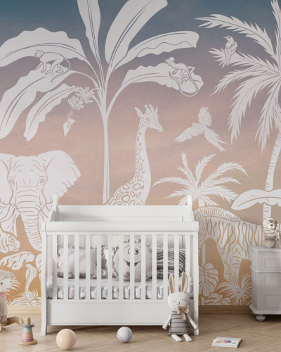 Tapet personalizat Monochrome Jungle - Sky Pink, cu siluete albe de animale sălbatice tropicale pe fundal gradient.
