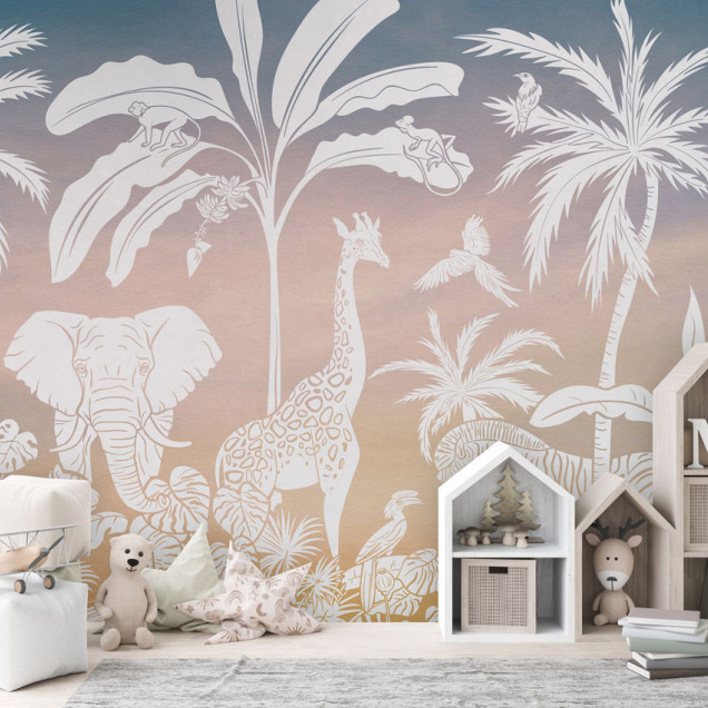 Tapet personalizat Monochrome Jungle - Sky Pink, cu siluete albe de animale sălbatice tropicale pe fundal gradient.