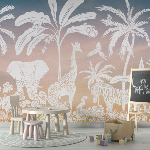 Tapet personalizat Monochrome Jungle - Sky Pink, cu siluete albe de animale sălbatice tropicale pe fundal gradient.